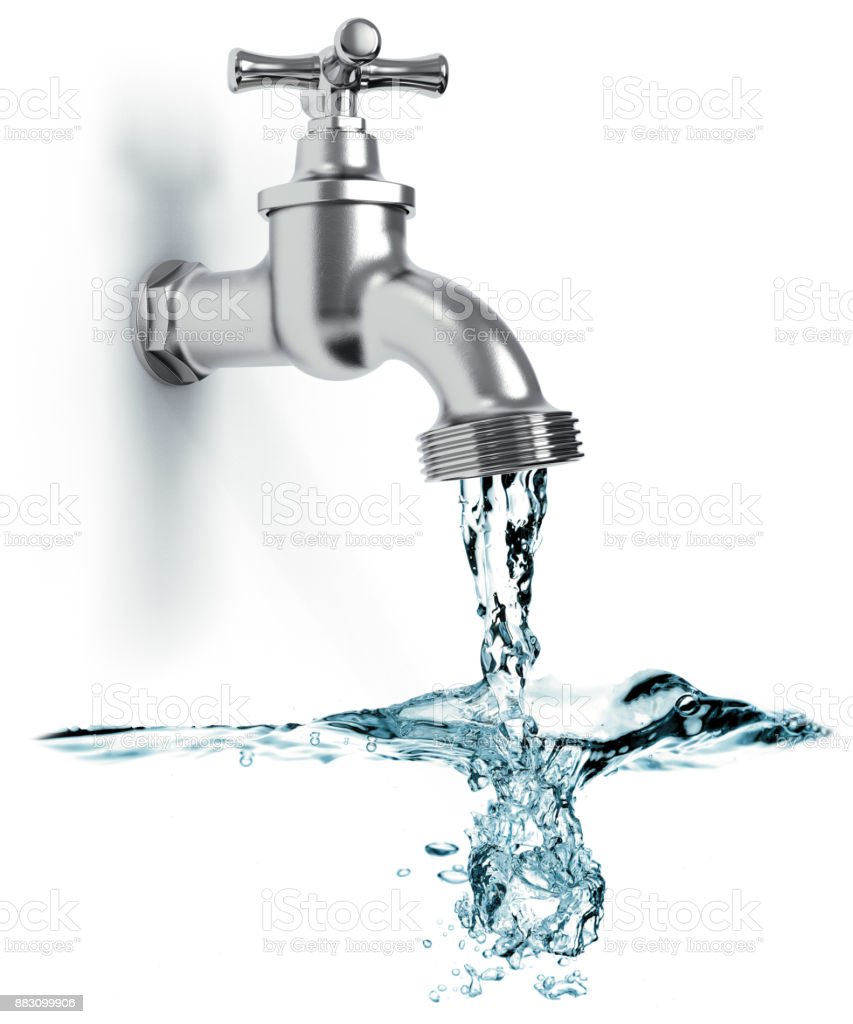 Faucet With Flowing Water And Waves Isolated On White Background 3D Rendering