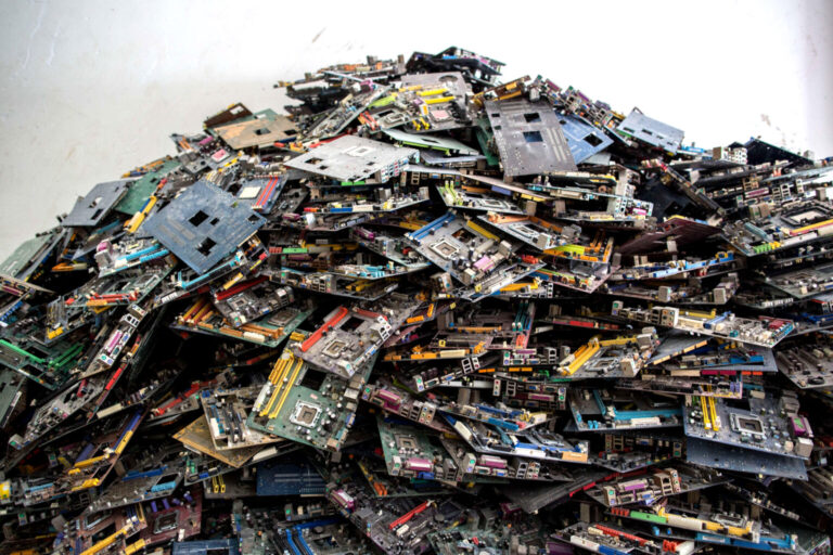 This photo shows electronic waste in a recycling factory